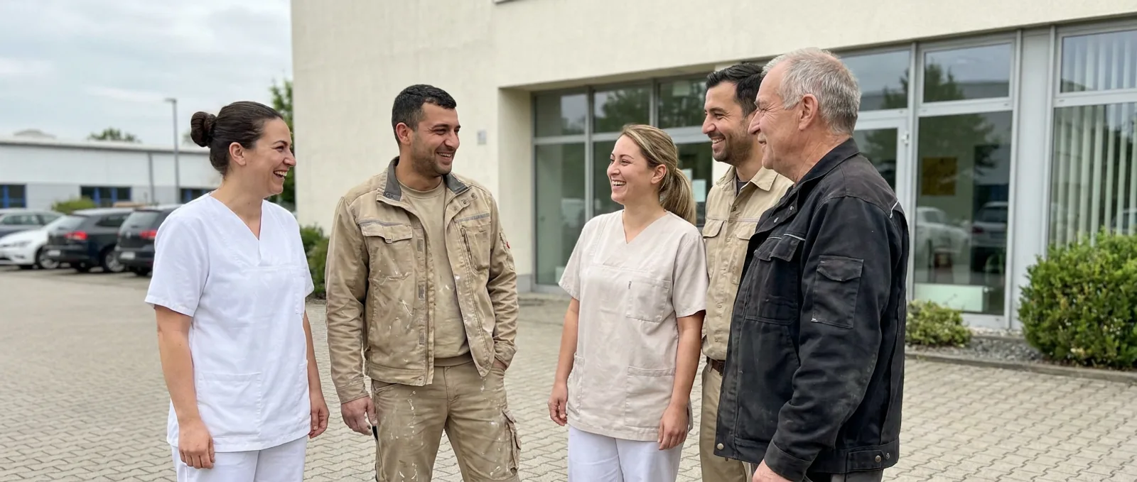 Gemischte Gruppe aus Pflegekräften und Handwerkern im Gespräch vor einem Betriebsgebäude