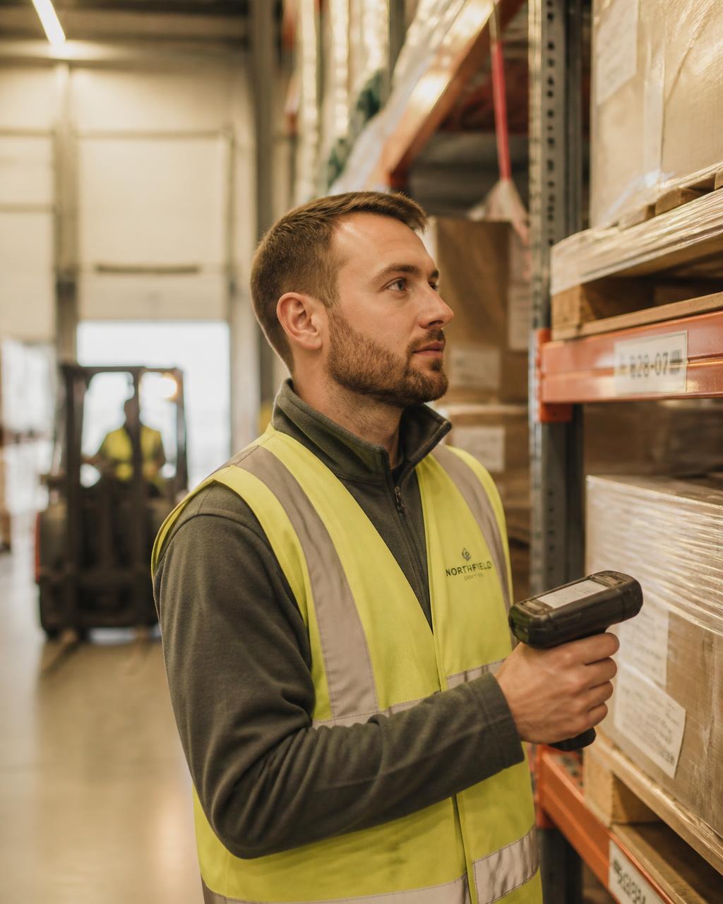 Lagerfachkraft mit Handscanner zwischen Regalen in einer Logistikhalle