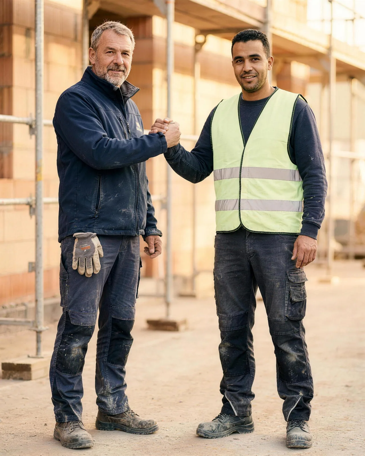 Bauleiter und internationale Fachkraft besiegeln die Zusammenarbeit per Handschlag auf der Baustelle